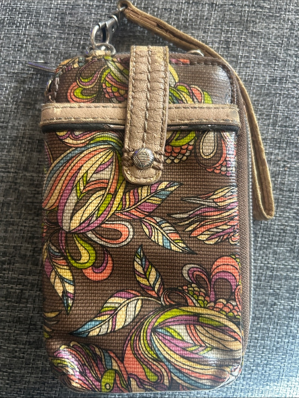 Sakroots “Peace” Brown Canvas Phone Wallet with Multicolor Floral & Bird Print